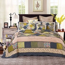 Twin Quilted Cotton Green Vintage Real Patchwork Bedding Quilt Bedspread Set