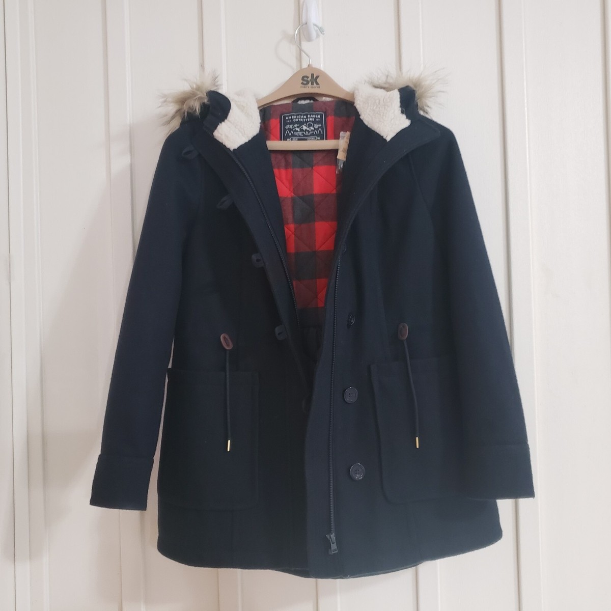 American Eagle Outfitters Womens Med Wool BL Coat Hood Navy