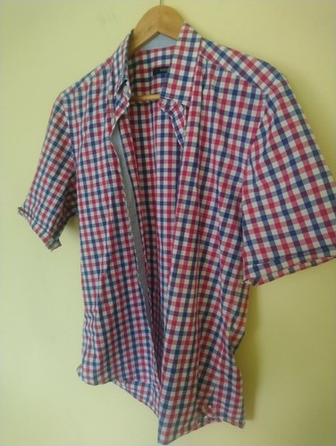 Saba Mens 100% Cotton Check Shirt Red Blue White Sz M Slim Taper Cut - Picture 2 of 12