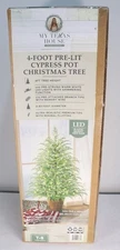 My Texas House 4 Foot Pre Lit Warm White Cypress Pot Christmas Tree New 
