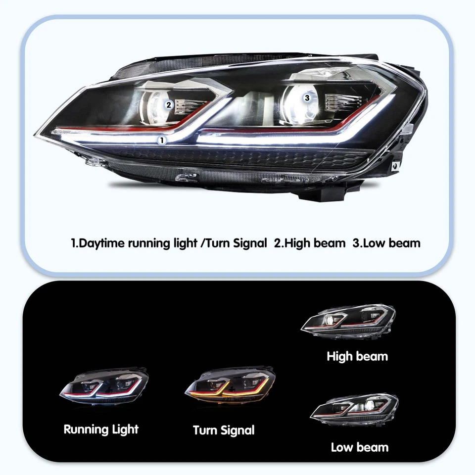 VLAND LED DRL Scheinwerfer für VW Golf7 VII 2013-18 Frontleuchte w/Gelb Blinker - Bild 4 von 4