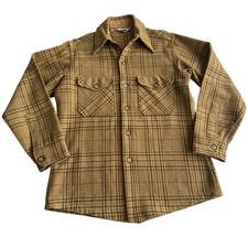 Woolrich VTG 60s 70s Wool Tartan Plaid Tan Button Up Shacket Jacket Shirt M