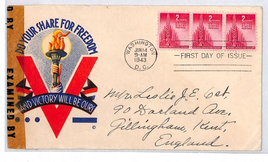 USA WW2 Cover *V FOR VICTORY* PROPAGANDA Censor 1943 FDC UNITED NATIONS XU204 - Image 2 of 4