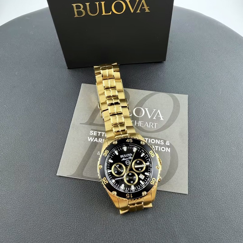 Men Bulova Marine Star Black/Gold Dial Chronograph 98B406 Quartz