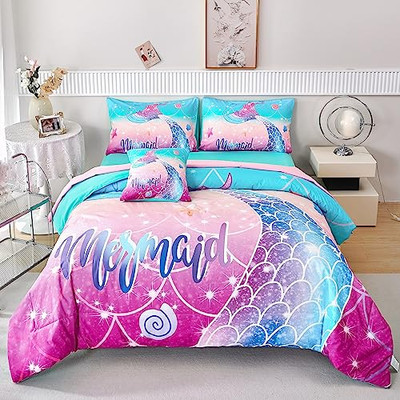 Kids Girls Comforter Set 6Pcs, Mermaid Bed in a Bag Twin (6-Piece) Green  Pink