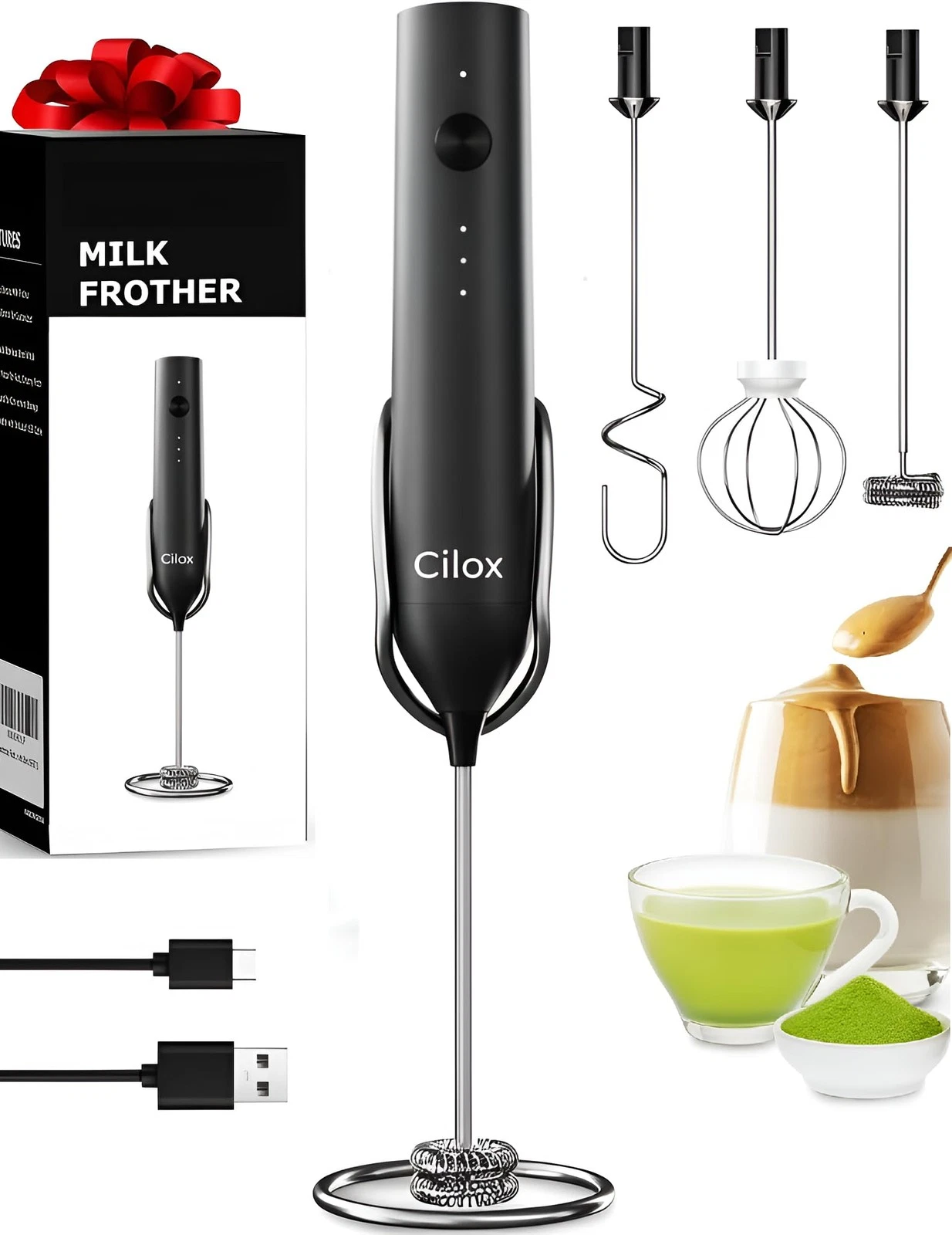 Rechargeable Milk Frother Handheld with 3 Whisk and Stand, 3 Speed Frother Wa...