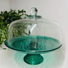 Vintage Anchor Hocking Wexford Emerald Green Glass Cake Stand w/ Clear Dome Lid