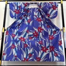 Japanese Kimono Yukata Hand-Sewn Blue Floral Leaf Shoulder Length 152 cm 1208