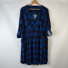 Torrid Womens MIdi Shirt Dress Size 3 Blue Plaid Elastic Waist Pockets V-Neck