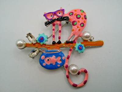 Retro Folk Art Cat w/ Fish Bowl Brooch Pin - Pink ~  2.25''              (B8)