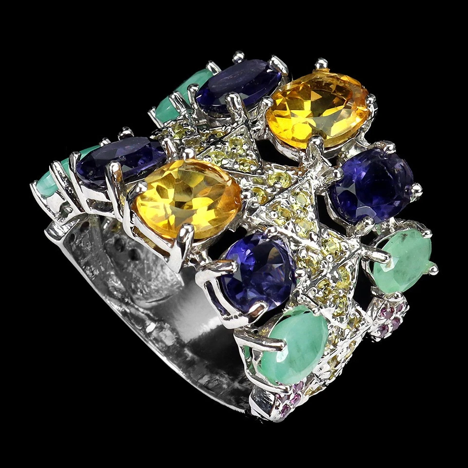 Anello in argento sterling 925 ovale citrino smeraldo iolite granato gemma... - Immagine 3 di 4