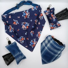 Floral Navy Flowers Stripes Plaid Reversible Over the Collar Dog Bandanas