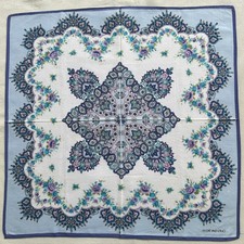 VTG Handkerchief Cotton line Art Floral Paisley  Flower Blue Pattern Hanky 17"