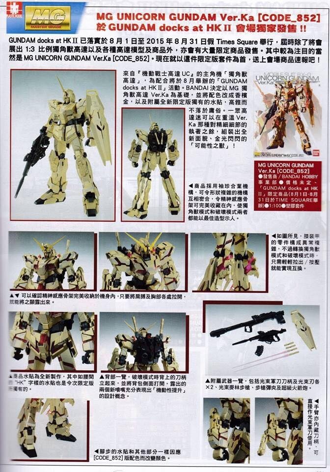 Mg 1/100 Unicorn Gundam Ver.Ka Code 852 Hong Kong 2015 Limited
