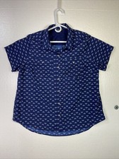 Eddie Bauer Mens Shirt Sz XXL Blue White print Button up Pockets Short sleeve