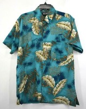 RS Surf Mens Blue Leaf Palm Tree Print Short Sleeve Button-Up Hawaiian Shirt M