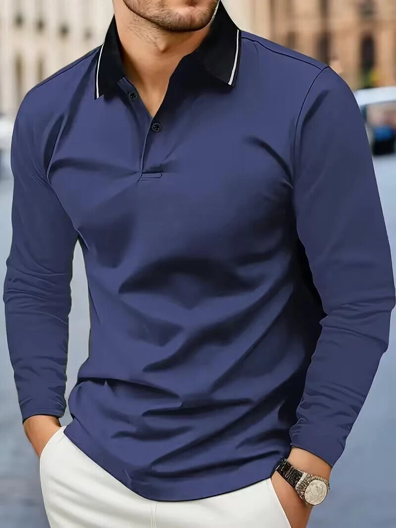 Polo T Shirts Men‘s V-Neck Rugby Shirt Stylish Comfortable Long Sleeve Blue - Picture 1 of 3