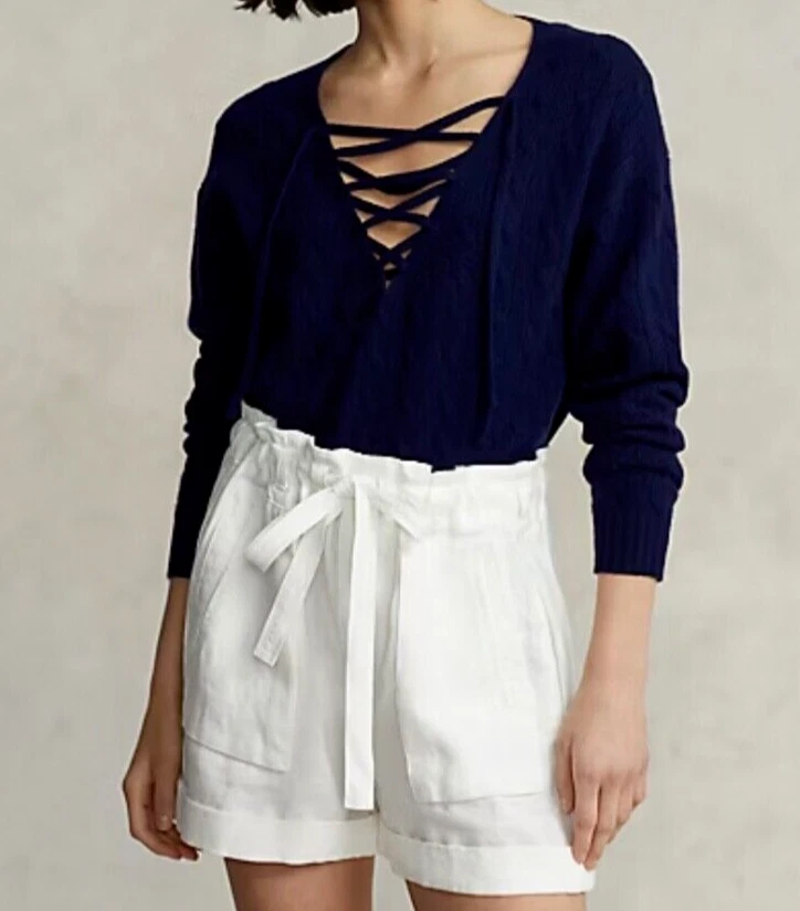 POLO RALPH LAUREN Women’s Navy Lace-Up Cable-Knit 100% Cashmere Sweater NWOT