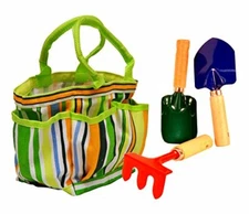 G & F 10012 JustForKids Kids Garden Tools Set with Tote hand rake shovel trowel