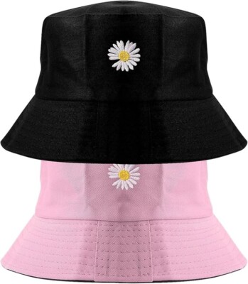Wende Fischerhut schwarz rosa geblümt - verstaubare Sonnenkappe für Reisen