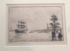Antique Etching Print Coastal Seascape Scene 1917 NY Harbor Signed