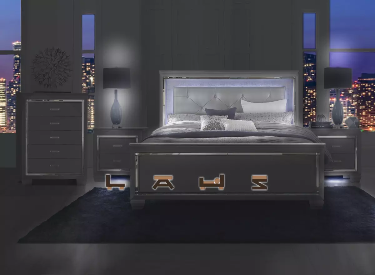 NEW Silver LED 4PC Queen or King Modern Bedroom Set Bed 2 Nightstands Chest