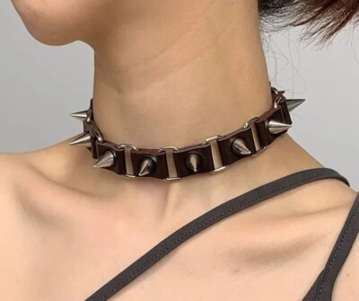 Punk Rock Emo Goth Spiked Black faux Leather Linked Band Choker