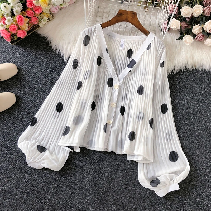 Lady Puff Sleeve Cardigan Polka Dots Coat Jacket Pleated Loose Casual Tops Basic - Image 3 of 4