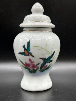 Vintage Small White Ginger Jar 4''  Chinese Jar & Lid With Birds & Pink Flowers