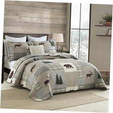 Quilt Set Queen Size, Cotton Quilted Quilt 90"x98" Queen Brown/Grey/Green