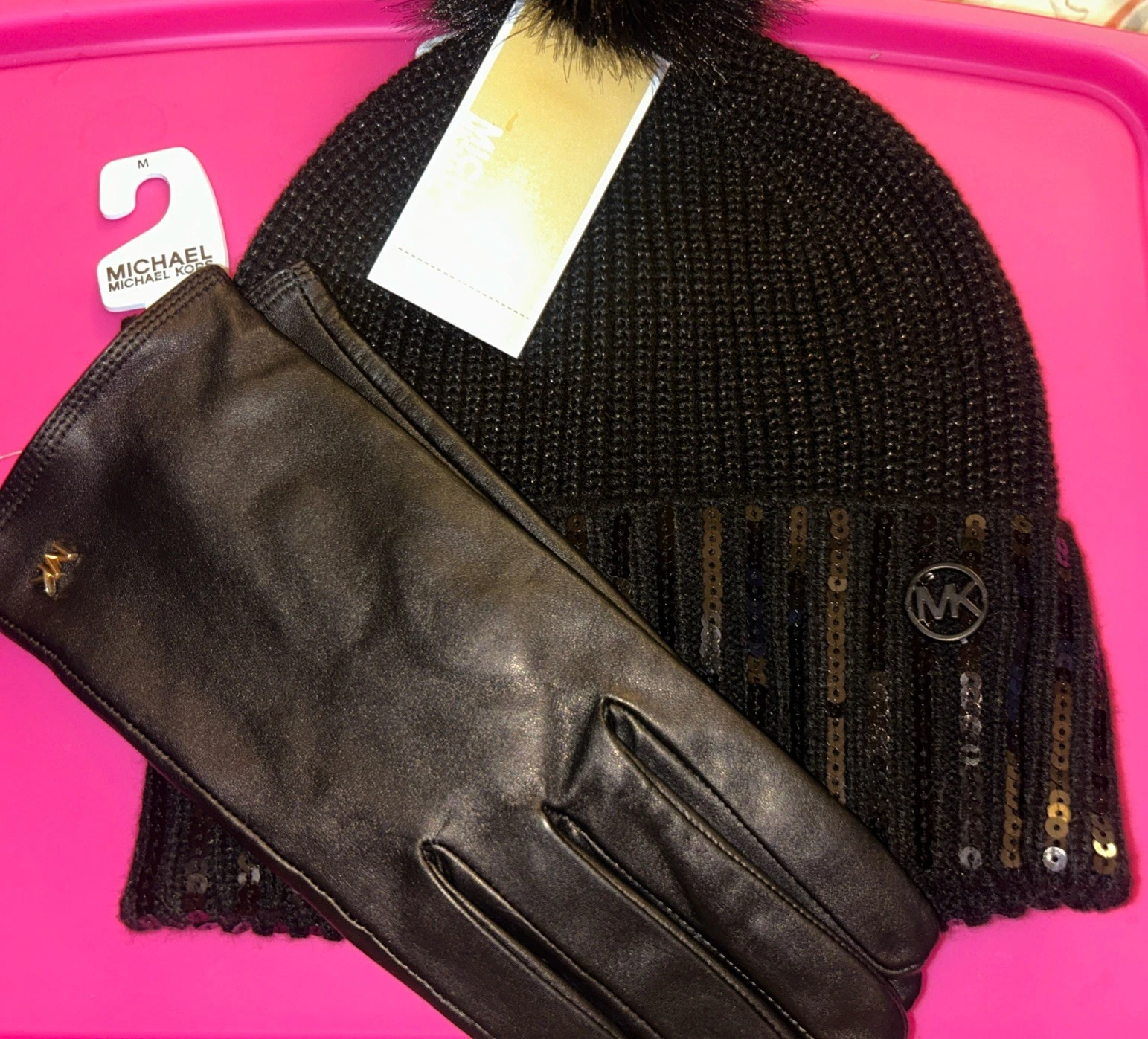 Michael Kors Holiday Leather/Knit Gloves & Beanie Hat Matching Set NWT (Black)