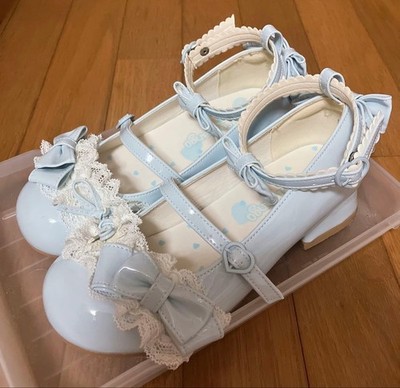 Lace ribbon low heel pumps light blue with ribbon girly lolita mass produced
