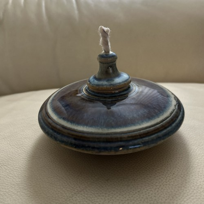 #ad Bill Campbell Studio Art Pottery Oil Lamp Signed Brown Blue 5” $35.00
