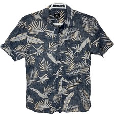 O'Neill Hawaiian Shirt Blue White Fronds Men's Size Large Cotton Lightweight