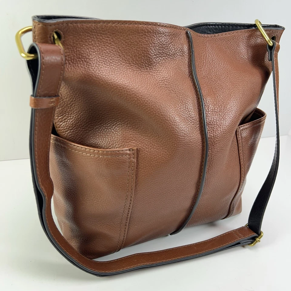 FOSSIL Lane Leather Handbag Pebbled Crossbody Bag Boho Shoulder Purse Tote Brown - Image 2 of 4