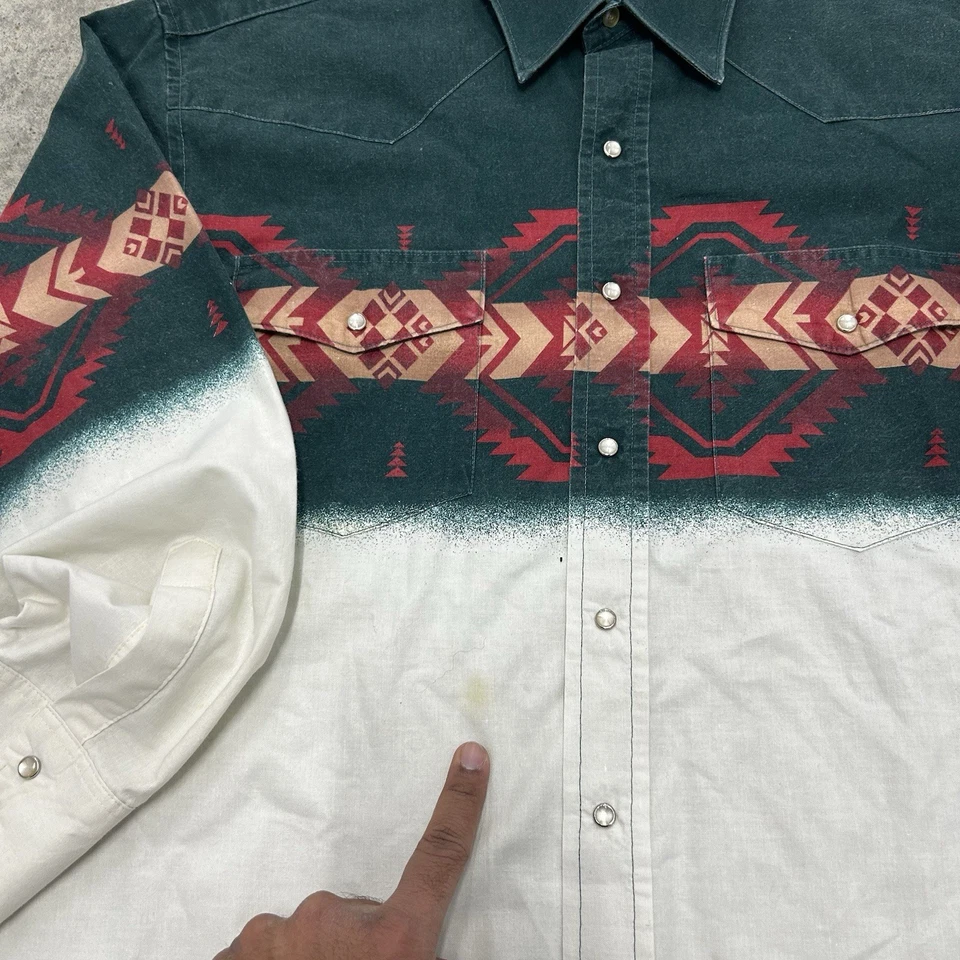 Camisa vaquera vintage de los 90 Wrangler Western para hombre L perla azteca a presión manga larga Foto 3 de 4