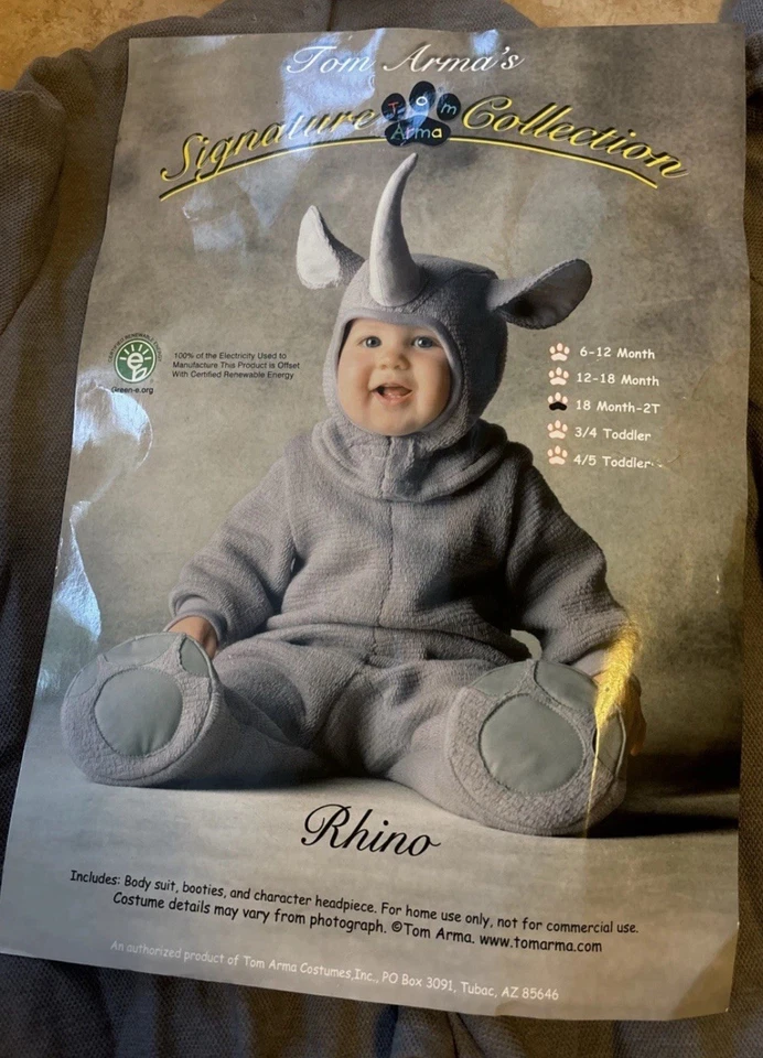 Tom Arma Gris Bebé Niño Talla 18m-2T Rinoceronte Halloween Disfraz Snap Una Pieza Foto 2 de 4