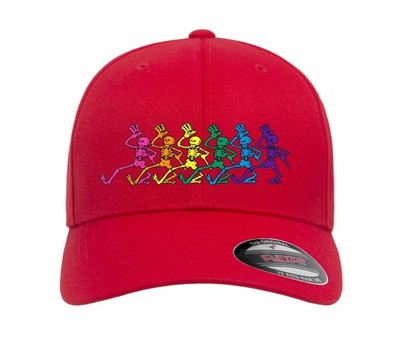 Grateful Dead Colorful Dancing Skeletons PRINTED Flexfit Fitted Ball Cap Hat
