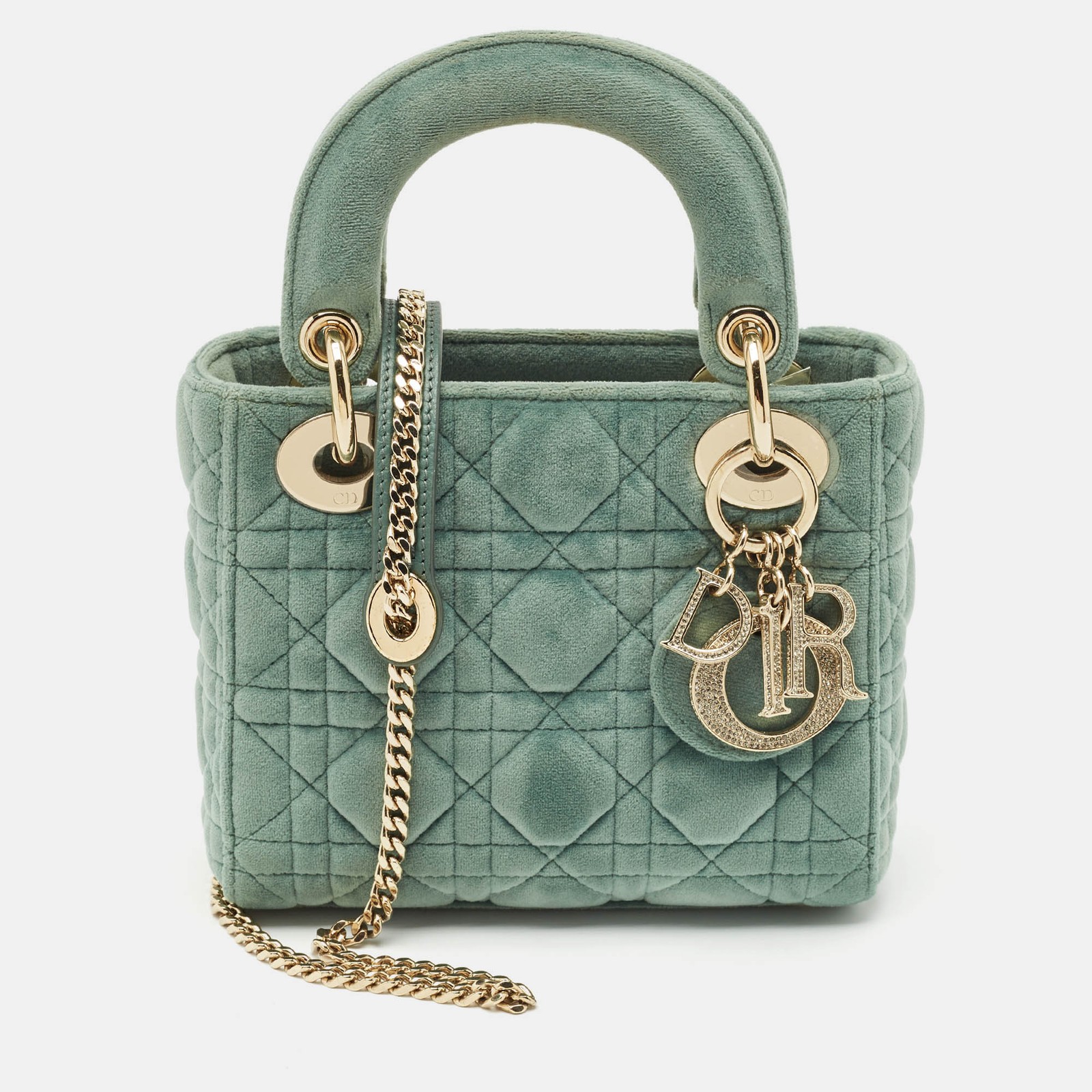 Dior Green Cannage Velvet Mini Lady Dior Tote Bag
