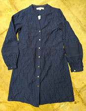 LOFT Womens Navy Cotton Eyelet V-Neck Button Front Shirt Dress Knee Sz XS/S