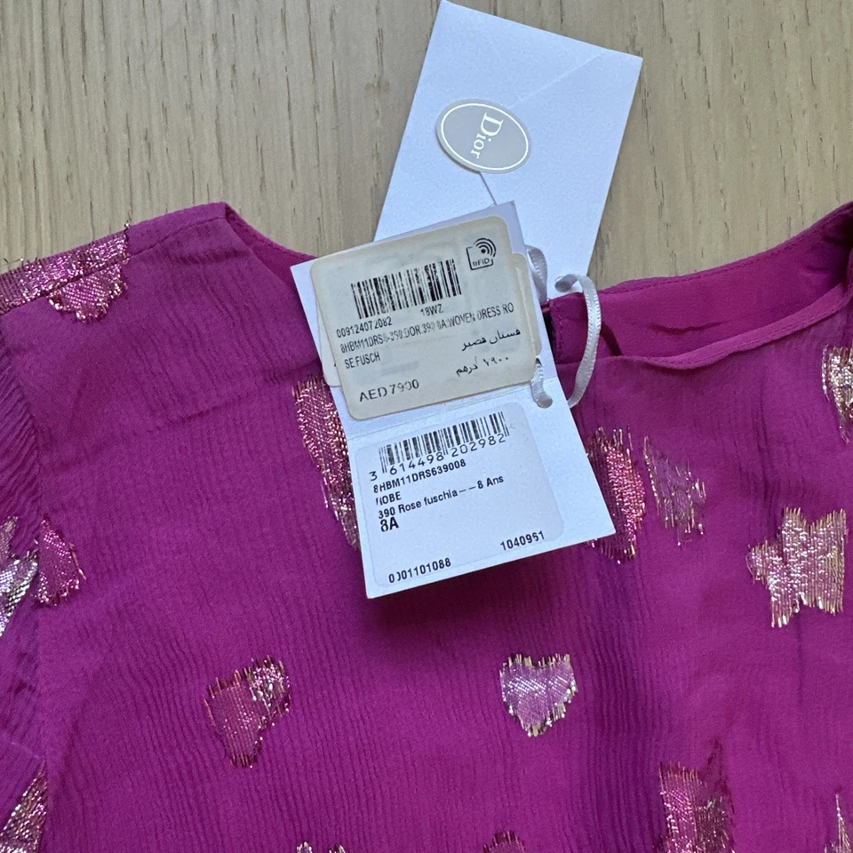 NUEVO CON ETIQUETAS 100% Auténtico Vestido Christian Dior SEDA para Niñas - Talla 8 Años - FUSCSIA Foto 4 de 4