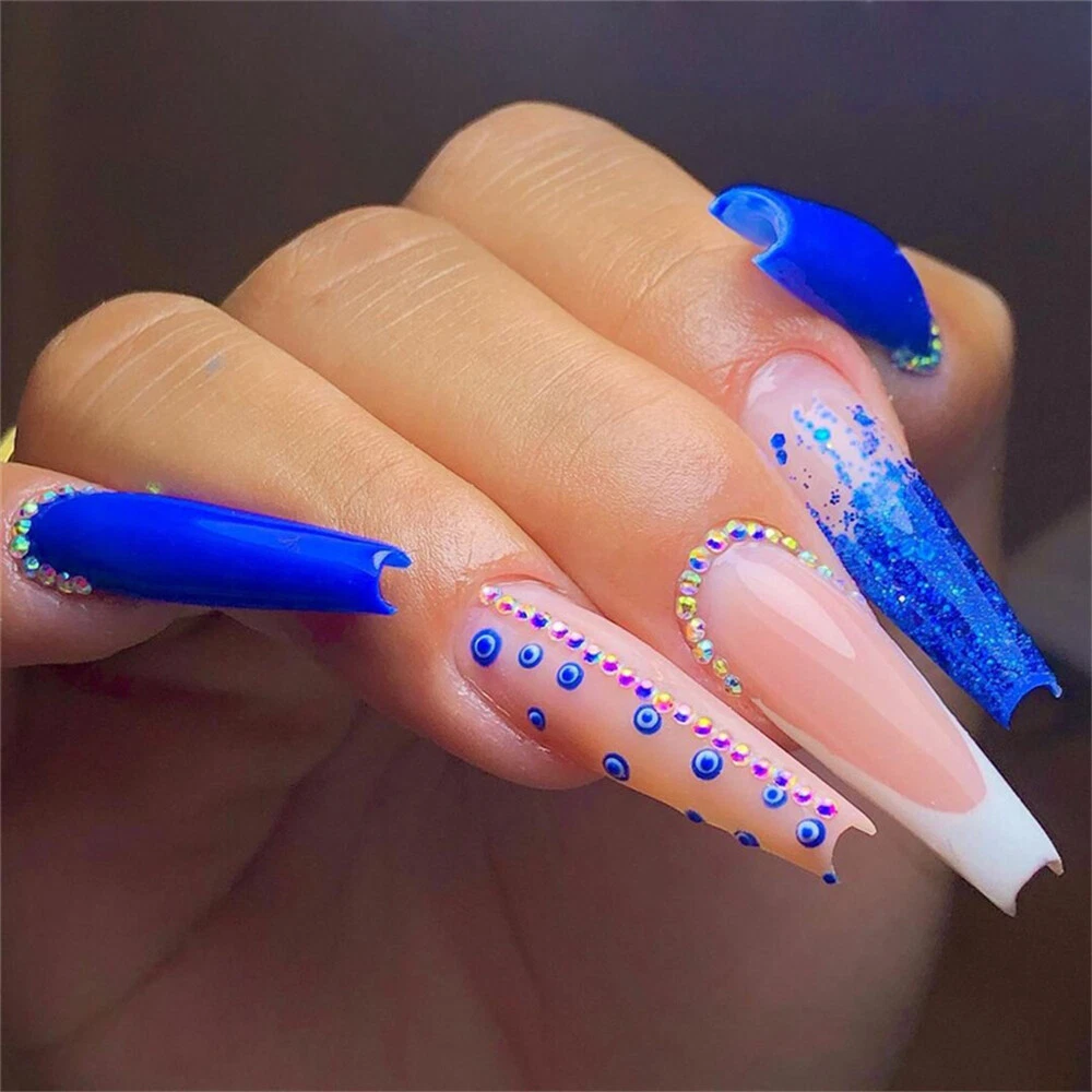 Royal blue coffin nails on sale with glitter