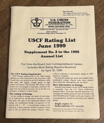 US Chess Federation USCF Rating List June 1999 Supplement No 3