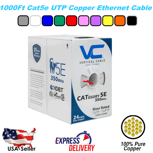1000Ft Cat5E Vertical Cable Solid CMR Bare Copper Bulk Ethernet Cable - 9 Colors - Picture 7 of 13