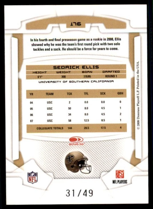2008 Leaf Rookies & Stars Longevity Gold Rookie #176 Sedrick Ellis /49 Saints RC - Image 2 of 2