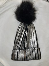 Justice Silver  Black Winter Hat With Black faux fur Pom Pom