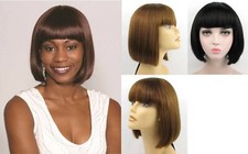 WOMENS SHORT CHIN-LENGTH STRAIGHT HAIR BOB STYLE WIG W/ BANGS CHINA DOLL MINNIE