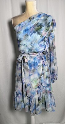 Alex Marie Dress Flare 24W Belted One Shoulder Watercolor Chiffon Blue Green