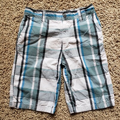 Shaun White Shorts White Blue Teal Black Plaid Stripe Button Waist
