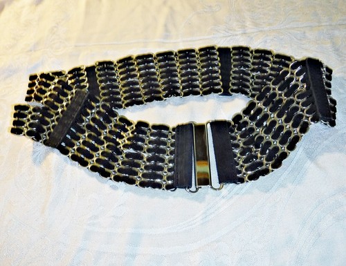 *WIDE BLACK STRETCH BELT L 8 ROWS OF LACING WITH SUEDE CASERS DECO STYLE CLASP
